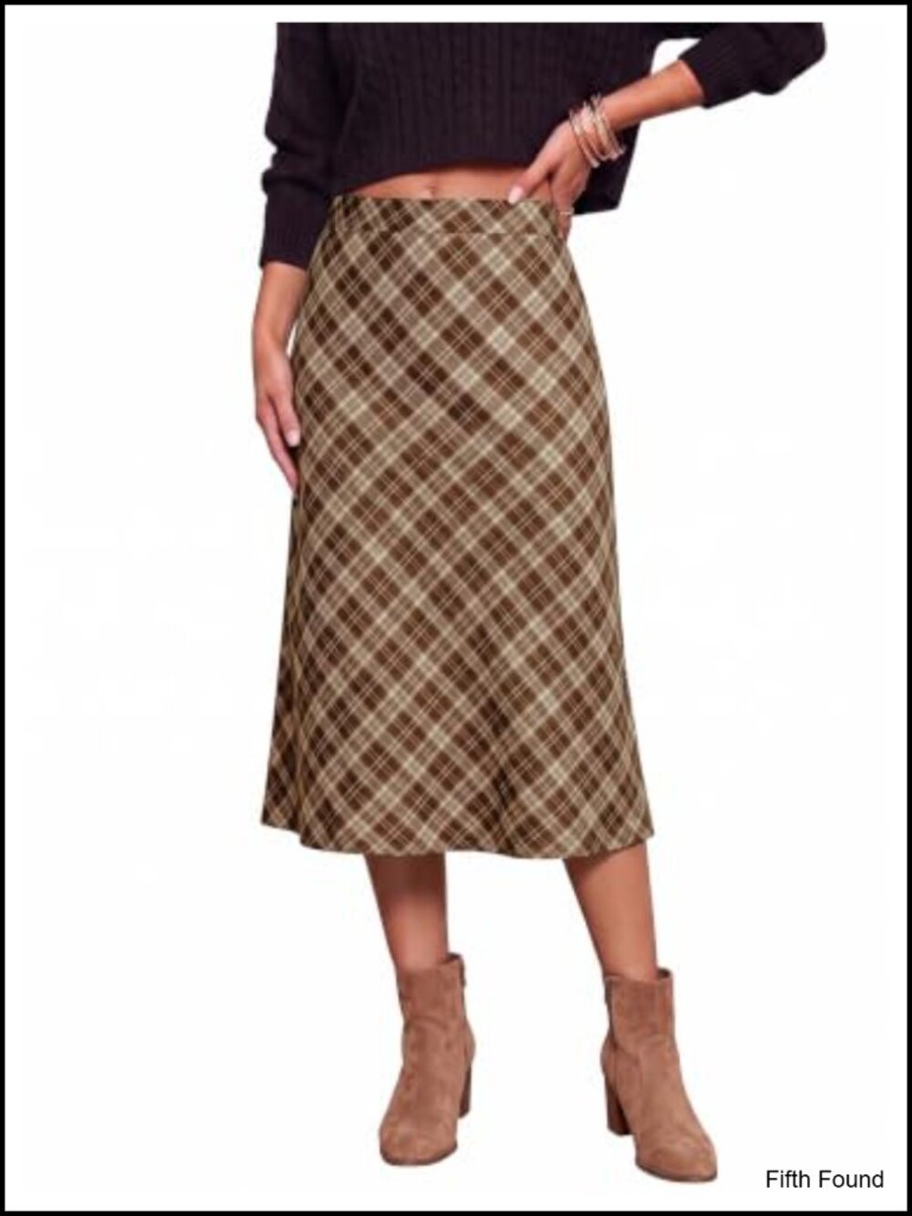 Plaid Midi Skirt High Waisted A Line Elastic Waist Casual Office Fall